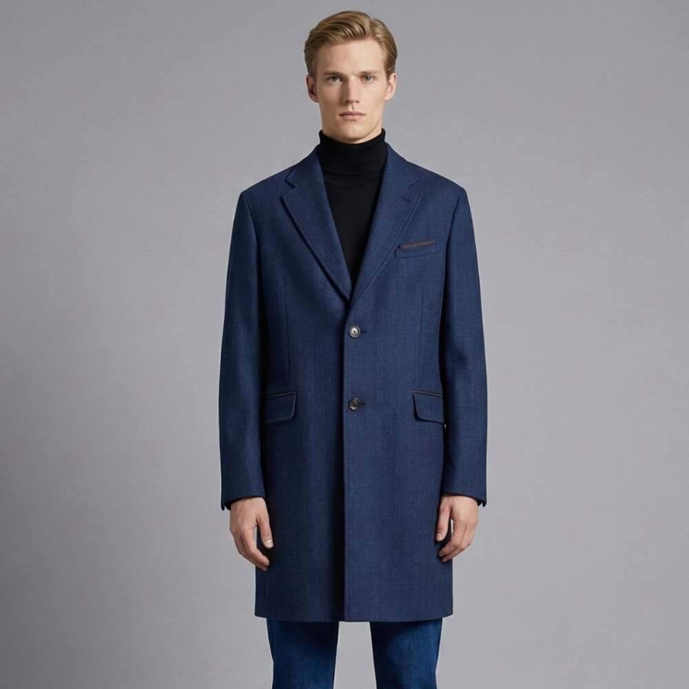 Smart Casual Men’s Wool Coat Blue Plaid Fall Winter Size 2XL